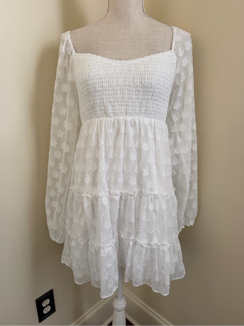 Midnight Doll Smocked Square Neck White Lace Mini Dress - Picture 4 of 15